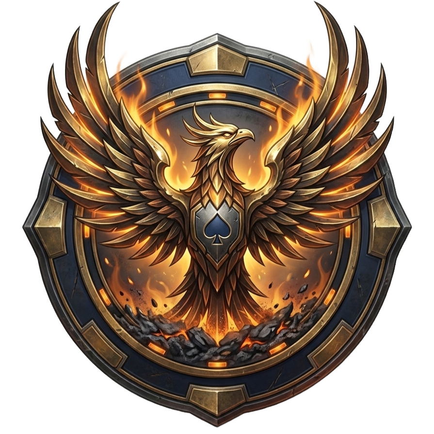 Phoenix Rises achievement artwork: a golden phoenix rising over a poker-spade crest.