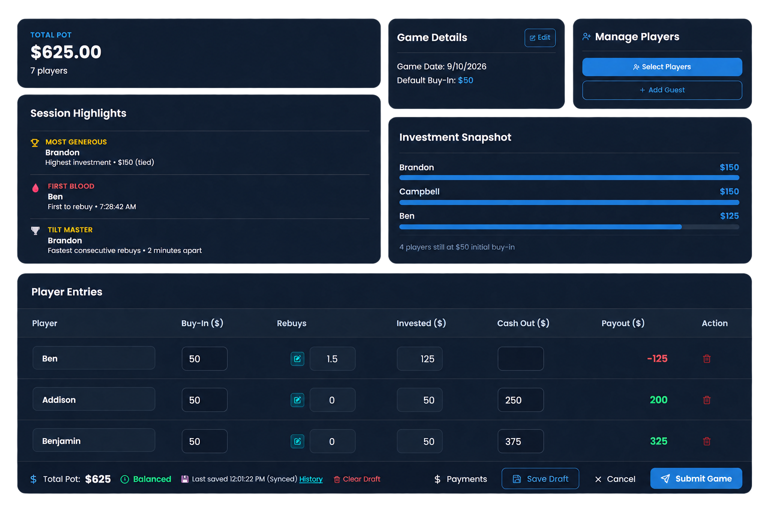Cash game management with the total pot, session highlights, and a player table showing buy-ins, rebuys, invested amounts, cash-outs, and payouts.